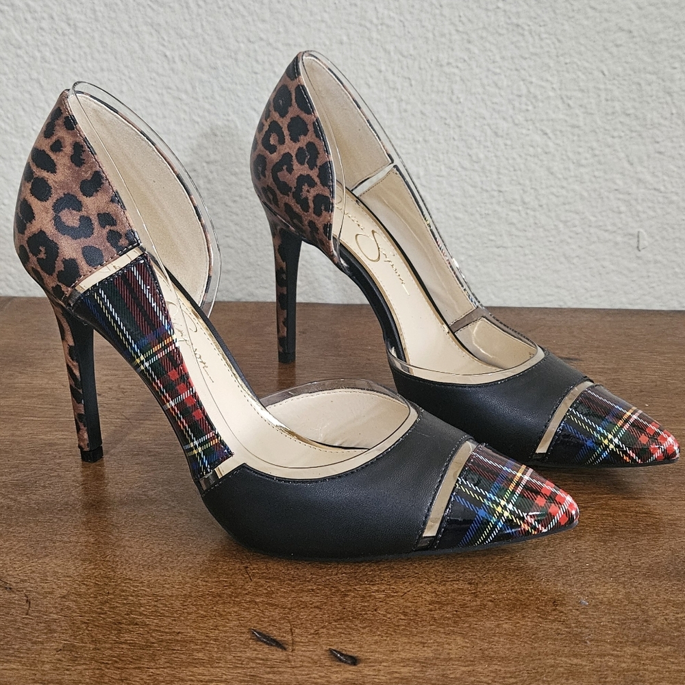 Jessica Simpson BRAND NEW Cheetah & Plaid Print with Clear Lining Stilettos